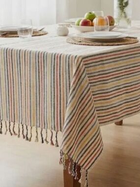 Striped Multicolor Tablecloth Hand Tied Tassels Hand Loom Weave Linen NEW